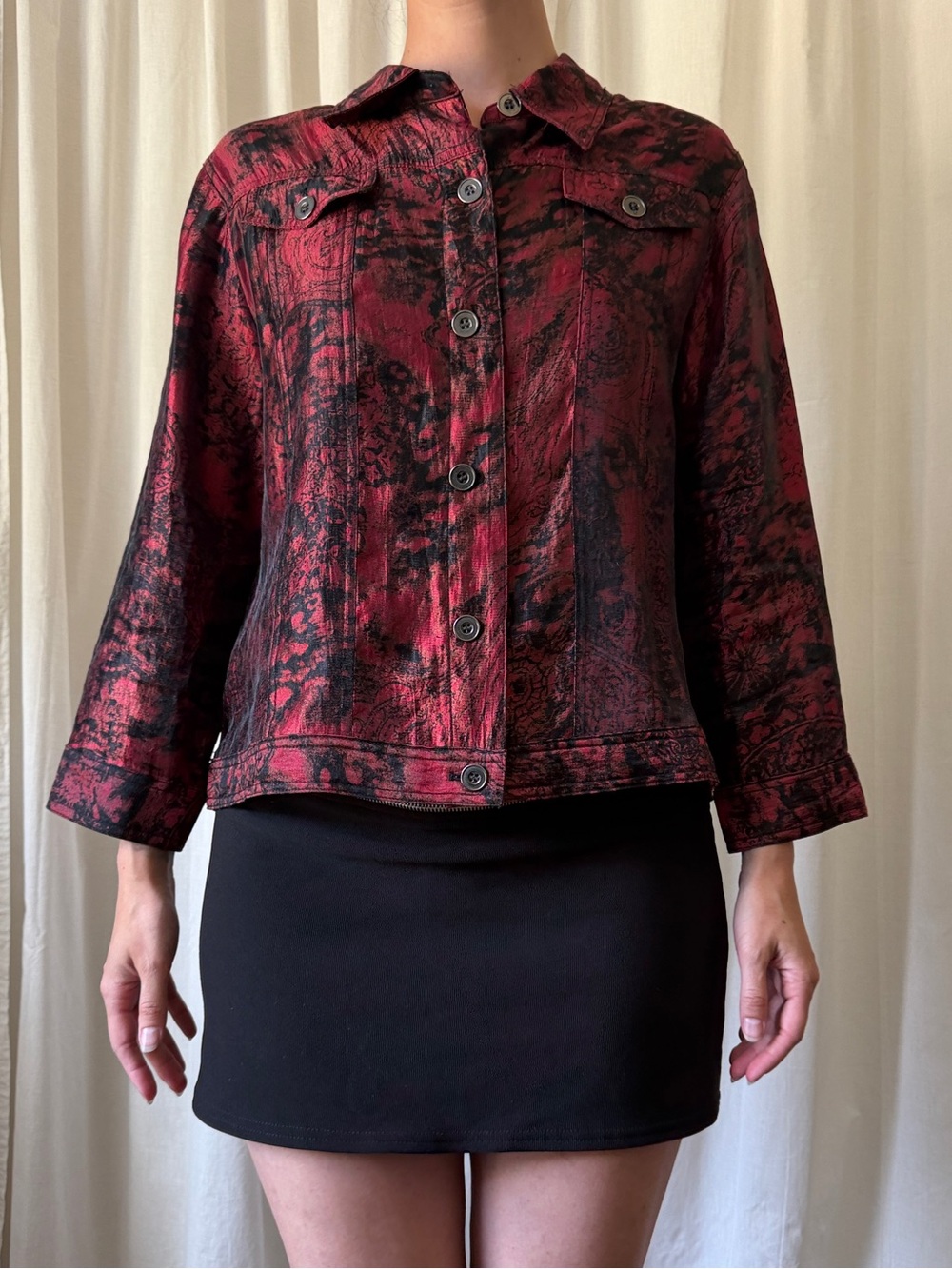 Ruby Rd Red & Black Tapestry Filigree Print Jacket Women's Size 14 | Goth